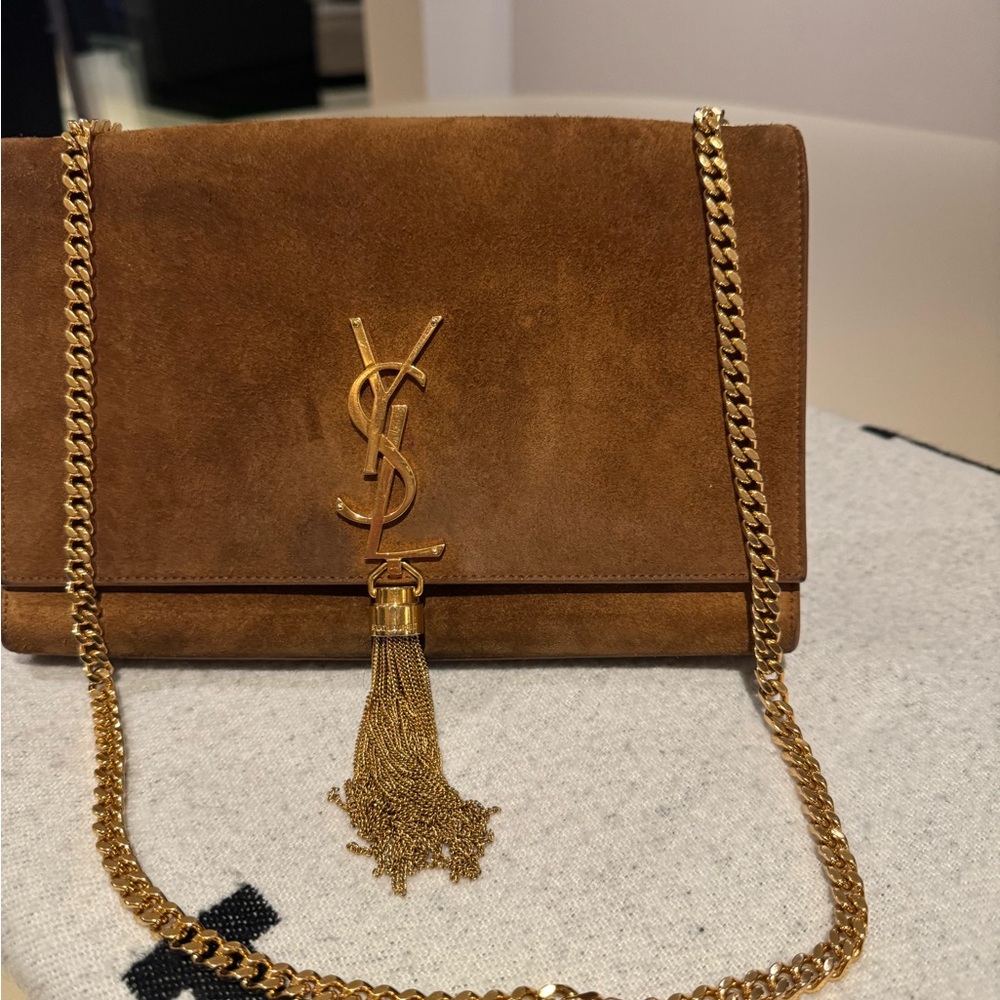 Yves Saint Laurent Tan Suede Tassel Clutch - Picture 2 of 7